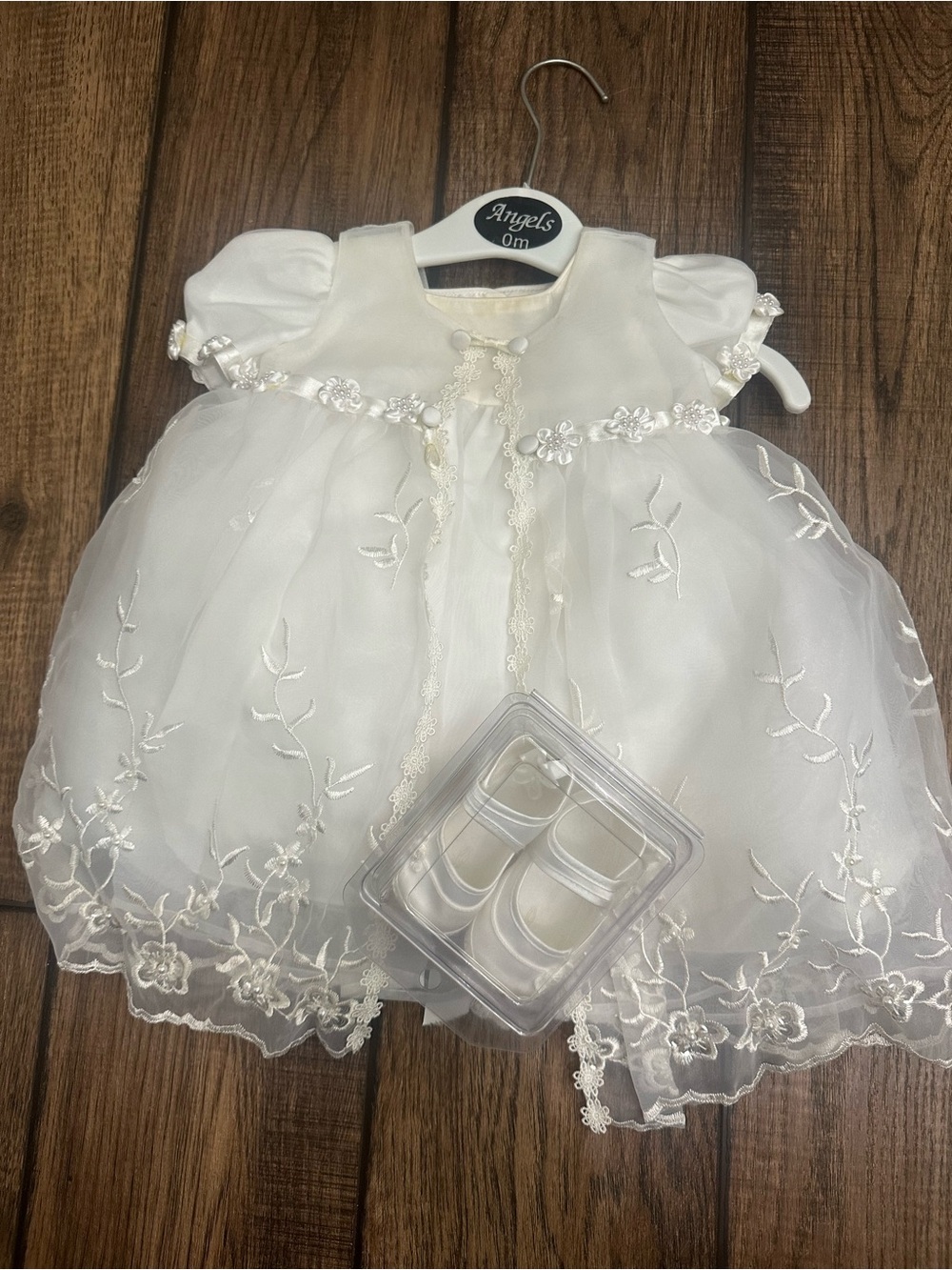 Angels NY White Embroidered Organza Christening Dress with Matching Shoes